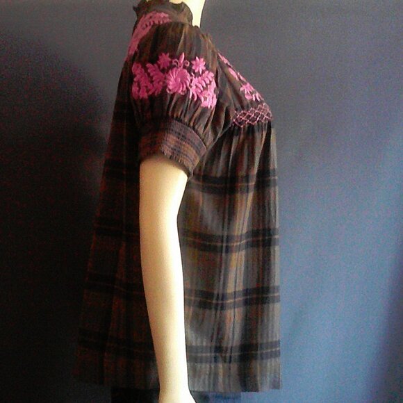 Sister Mary Cotton Plaid Purple floral Embroidered Camilla Top XS - Picture 3 of 9